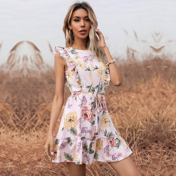 Elegant Boho Floral Crew Neck Ruffled Tiered A-Line Dress