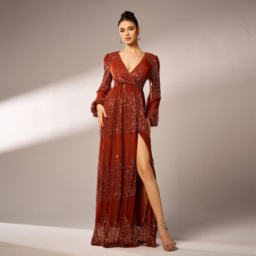 Elegant Sequin Split Lantern Sleeve Maxi A-Line Dress for Formal Occasions