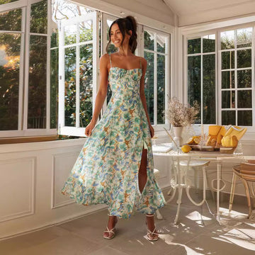 Boho & Vacation Elegant Floral V-Neck Chiffon Maxi Dress