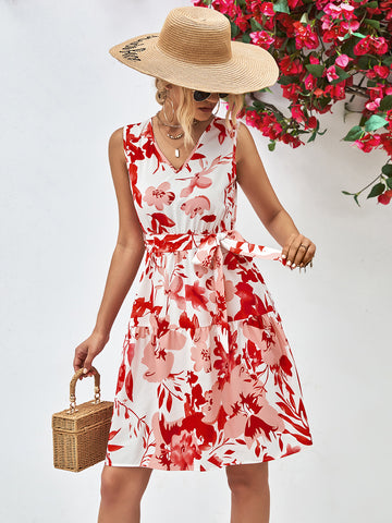 Elegant Boho Floral V-Neck Sleeveless Tiered A-Line Dress with Belt