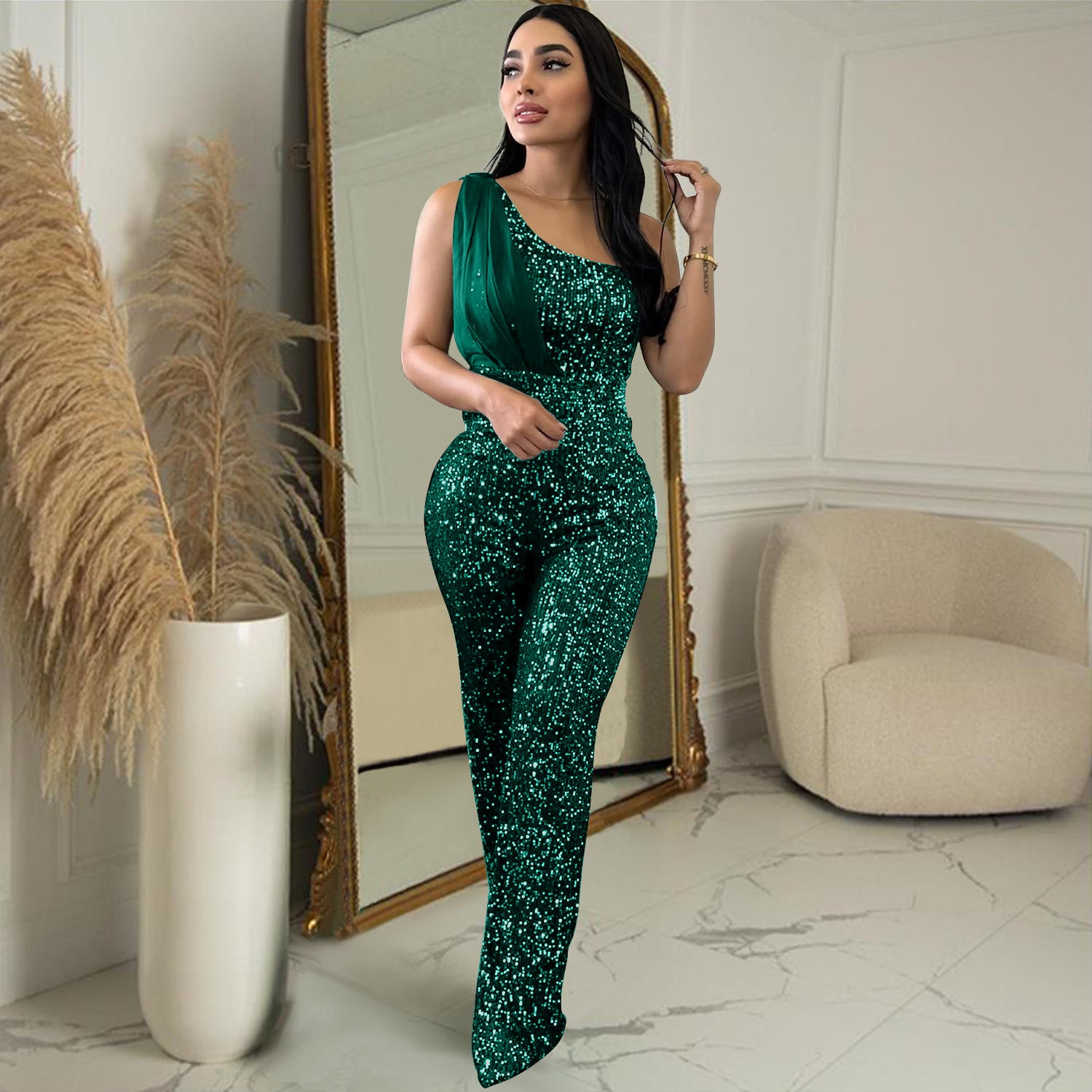 Stardust Soirée One-Shoulder Asymmetric Sequin Jumpsuit