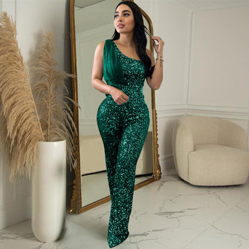 Stardust Soirée One-Shoulder Asymmetric Sequin Jumpsuit