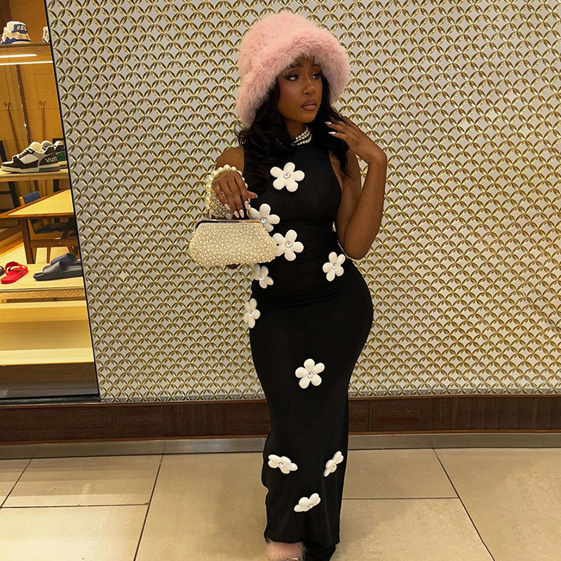 Floral Rhinestone Cutout Maxi Dress