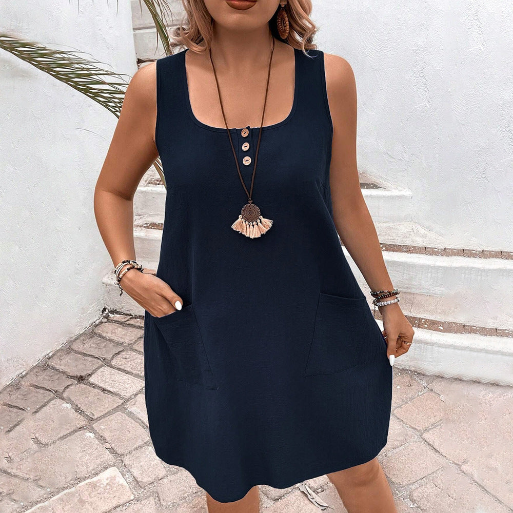 Square Neck Sleeveless A Line Cotton Dress