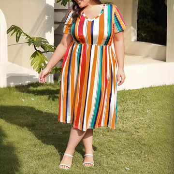 V-Neck Short Sleeve A-Line Midi Dress