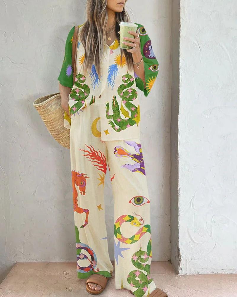 Chic Printed Collared Set with Button Details