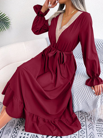 Solid V-Neck Ruffled Belted Tiered Maxi Dress